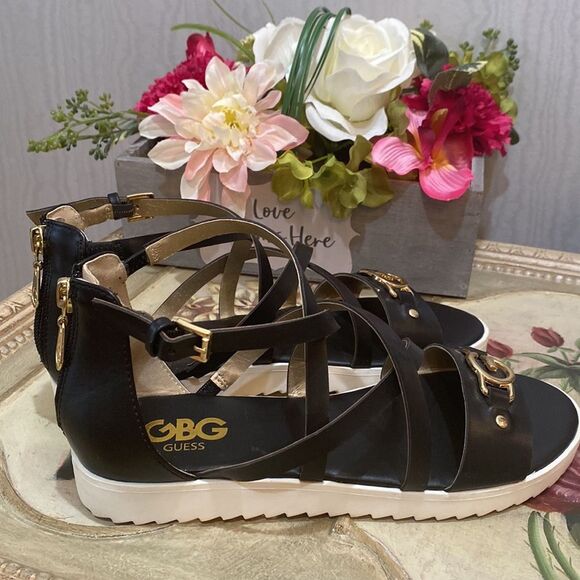 Guess GBG GG Karin Strappy Gold Hardware Zip Back Vegan Sandals Black Sz 6 - Picture 5 of 15